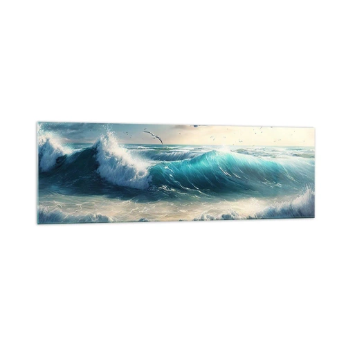 Impression sur verre - Image sur verre - Vagues de la mer sur la plage sous un ciel bleu avec des mouettes - 160x50cm - Ça bourdonne seulement pour toi - Décoration murale moderne pour le salon et la chambre ARTTOR