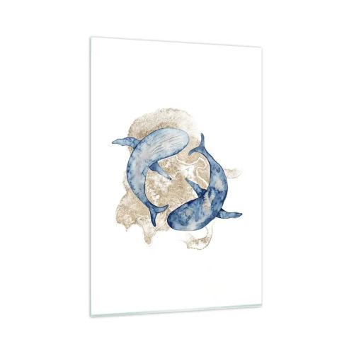 Impression sur verre - Image sur verre - Baleines bleues abstraites sur fond clair - 80x120cm - Amis ou amoureux? - Décoration murale moderne pour le salon et la chambre ARTTOR