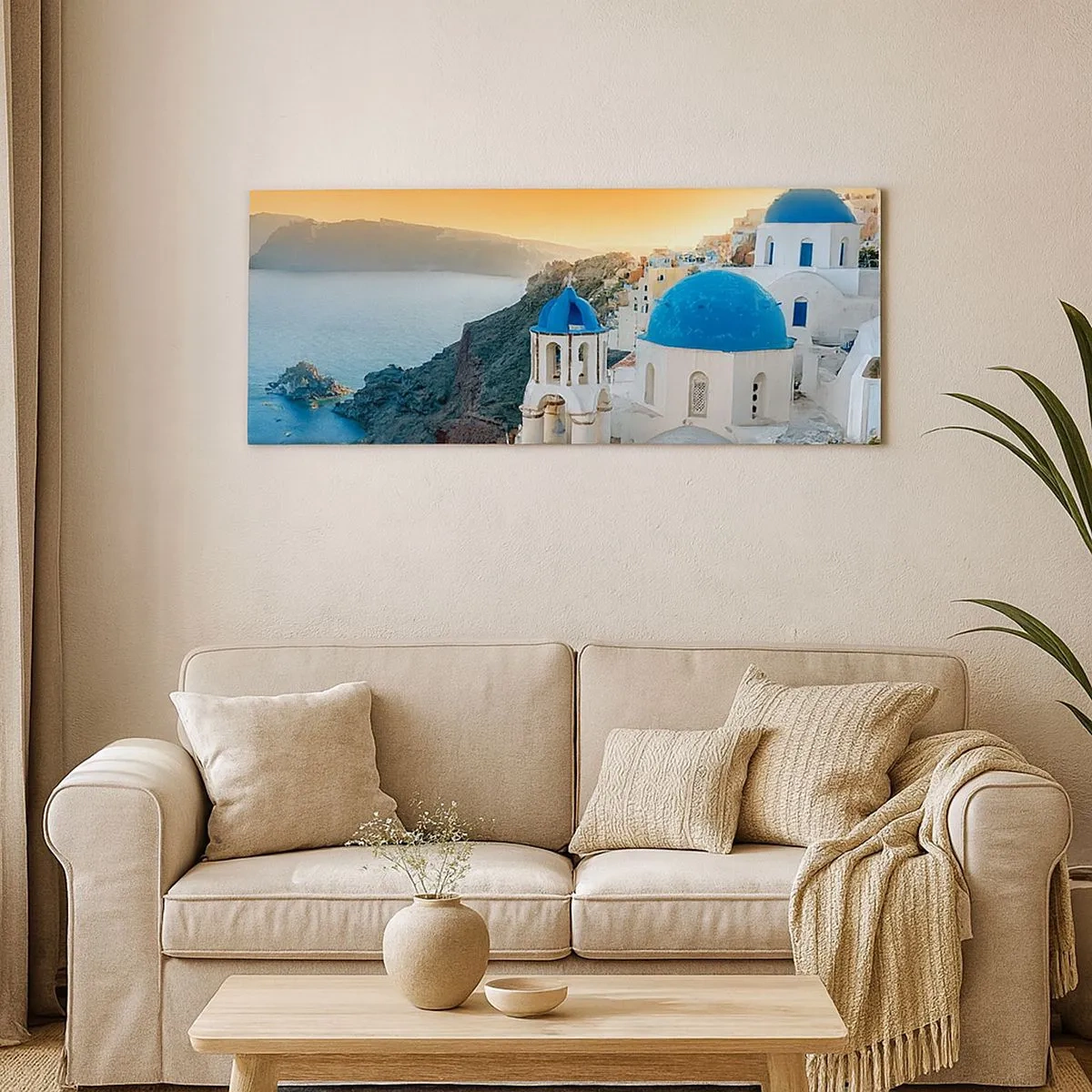 Impression sur toile - Image sur toile - Santorin - blotti contre les rochers - 100x40 cm