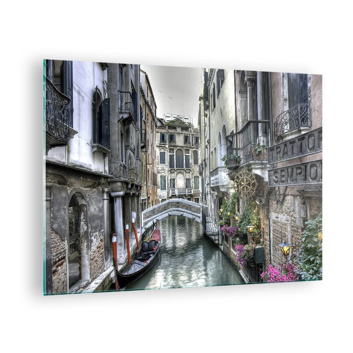 Impression sur verre - Image sur verre - Vue romantique d'un canal vénitien avec une gondole - 70x50cm - Pendant des siècles dans une réflexion silencieuse - Décoration murale moderne pour le salon et la chambre ARTTOR