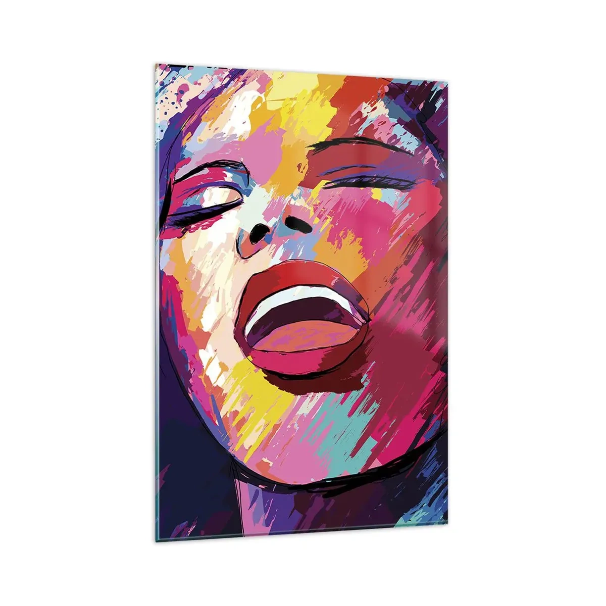 Impression sur verre - Image sur verre - Portrait abstrait d'une femme aux couleurs vives - 80x120cm - Chante toute ma vie - Décoration murale moderne pour le salon et la chambre ARTTOR