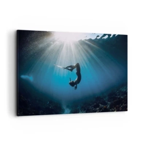 Impression sur toile - Image sur toile - Un plongeur flottant dans un faisceau de lumière sous l'eau - 120x80cm - Dans sous-marine - Décoration murale moderne pour le salon et la chambre ARTTOR