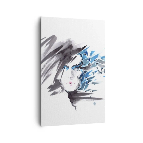 Impression sur toile - Image sur toile - Peinture faciale artistique à l'aquarelle avec des accents bleus - 80x120cm - Portrait sensuel en gris et bleu - Décoration murale moderne pour le salon et la chambre ARTTOR