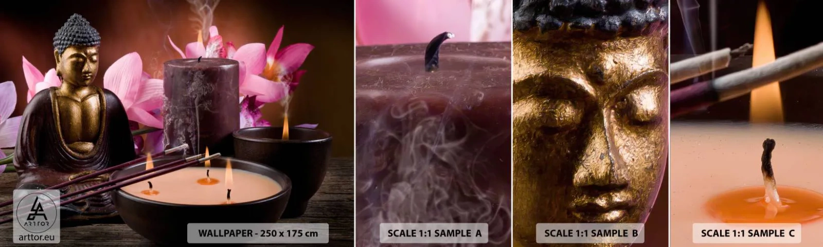 Échantillon de Papier Peint Autocollant Deluxe Sticker - Vider l'esprit, calmer le corps - Bouddha, Religion, Fleurs - 100x30 cm