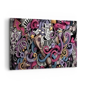 Impression sur toile - Image sur toile - Une abstraction musicale pleine d'instruments et de notes colorées. - 120x80cm - Mélodie compliquée - Décoration murale moderne pour le salon et la chambre ARTTOR