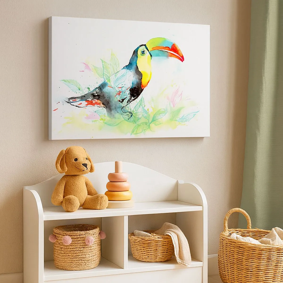 Impression sur toile - Image sur toile - Illustration à l'aquarelle d'un toucan sur fond tropical - 70x50cm - Aussi coloré que l'Amérique du Sud - Décoration murale moderne pour le salon et la chambre ARTTOR
