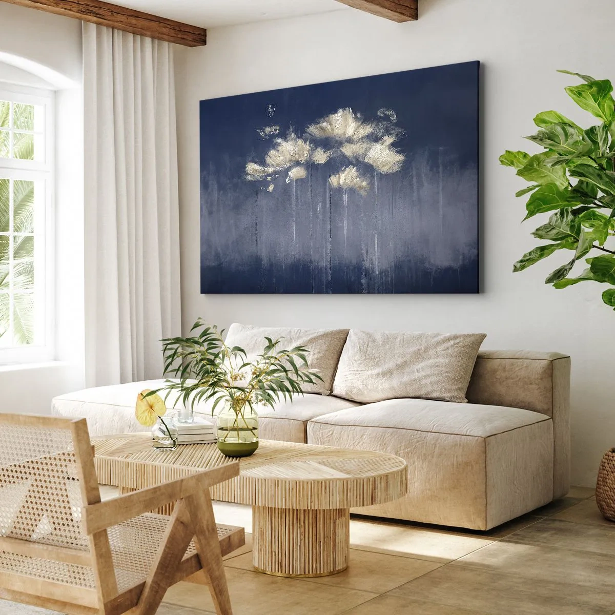 Impression sur toile - Image sur toile - Fleurs délicates sur fond bleu - 70x50cm - Comme des pétales au vent - Décoration murale moderne pour le salon et la chambre ARTTOR