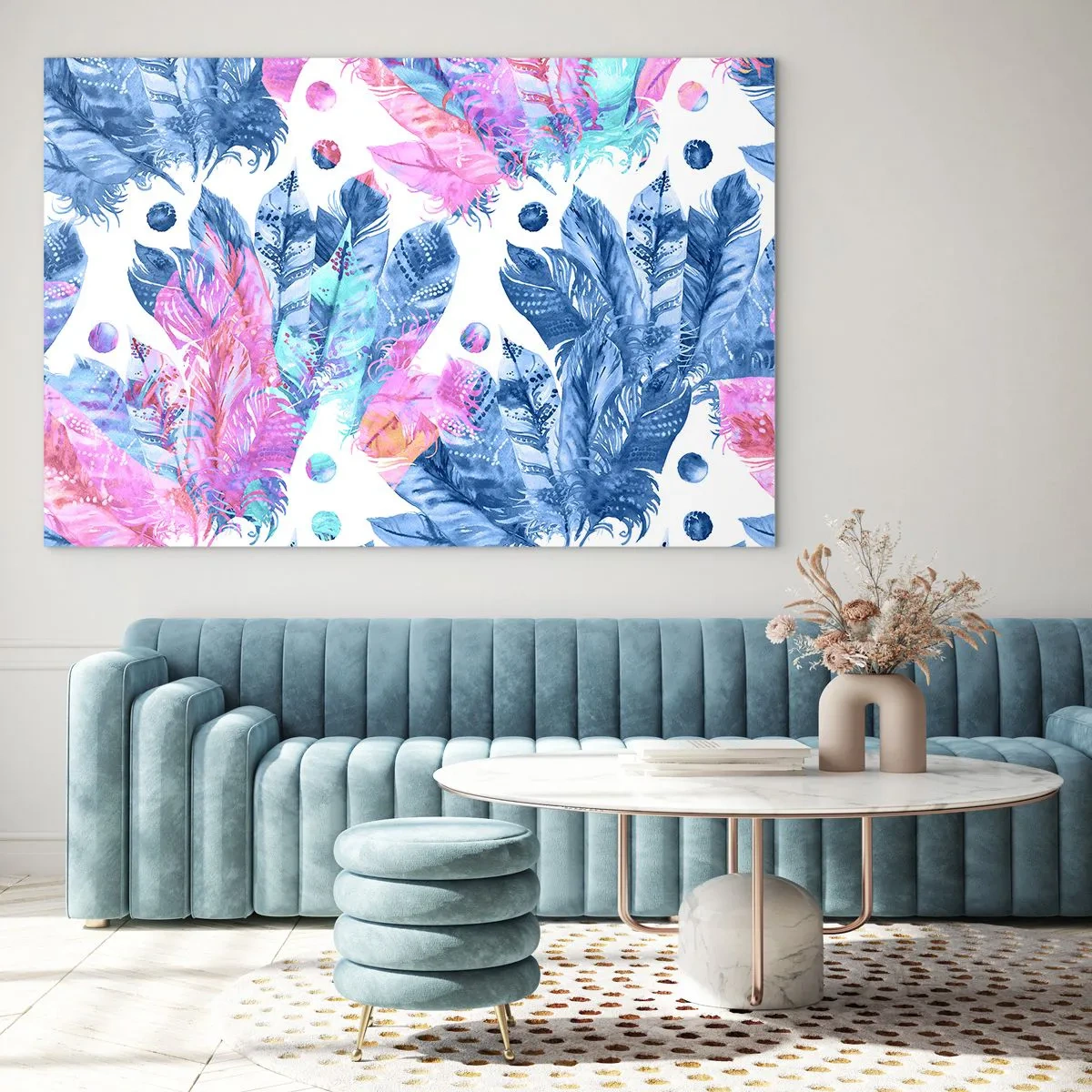 Impression sur verre - Image sur verre - Plumes colorées dans des tons de rose et de bleu sur fond blanc - 100x70cm - Plumes en rose et bleu - Décoration murale moderne pour le salon et la chambre ARTTOR