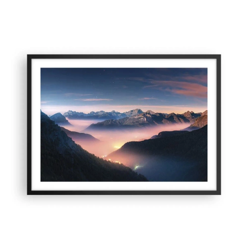Affiche dans un cadre noir - Poster - Un paysage de montagne avec une vallée remplie de brouillard - 70x50cm - Lumière dans les vallées - Décoration murale moderne pour le salon et la chambre ARTTOR