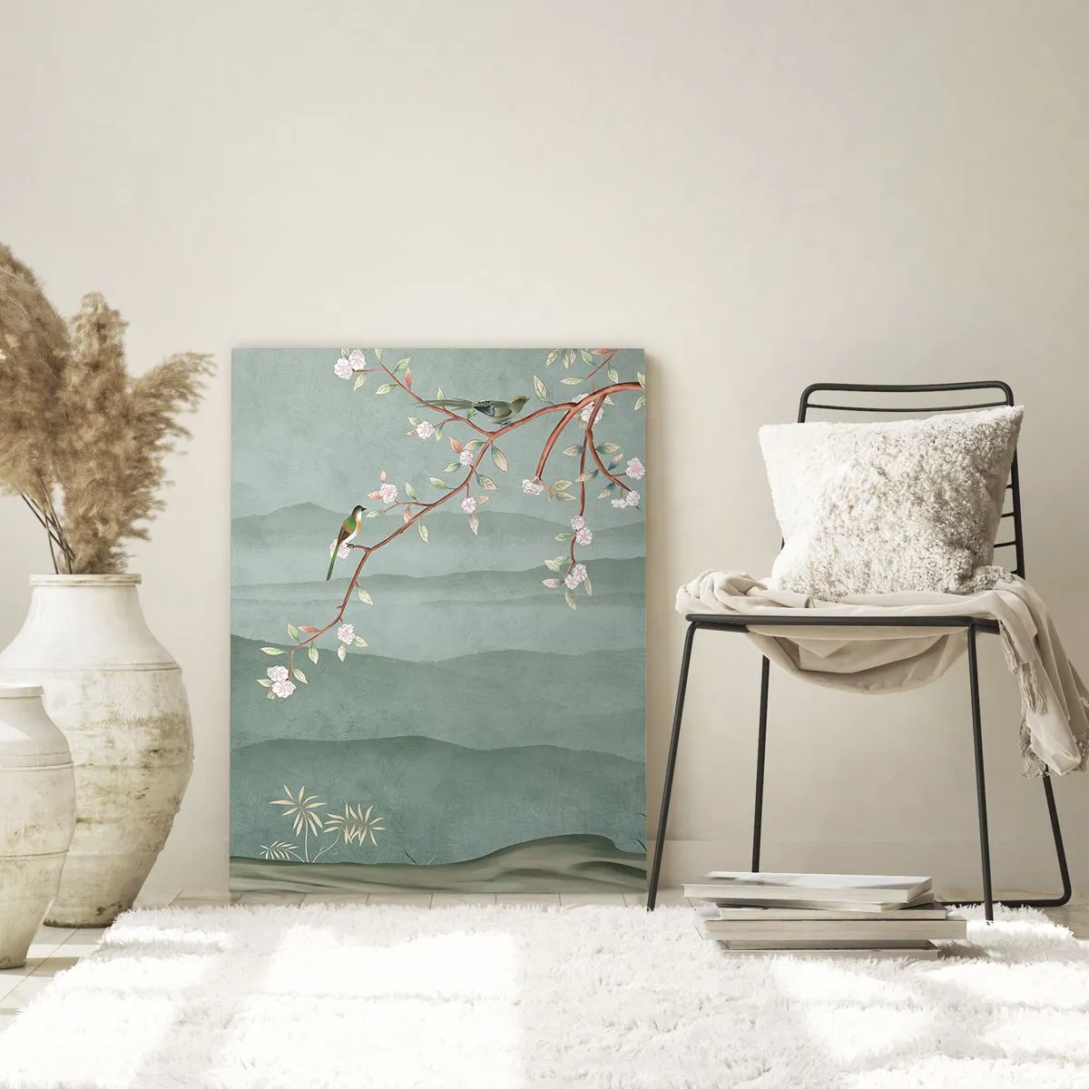 Impression sur verre - Image sur verre - Une branche avec des fleurs et des oiseaux sur un fond de collines verdoyantes - 50x70cm - Printemps oh c'est toi - Décoration murale moderne pour le salon et la chambre ARTTOR