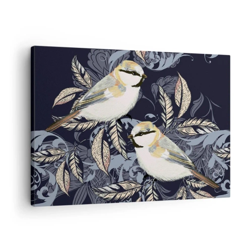 Impression sur toile - Image sur toile - Oiseaux sur des branches dans un arrière-plan ornemental - 70x50cm - Babillement jaune et bleu - Décoration murale moderne pour le salon et la chambre ARTTOR