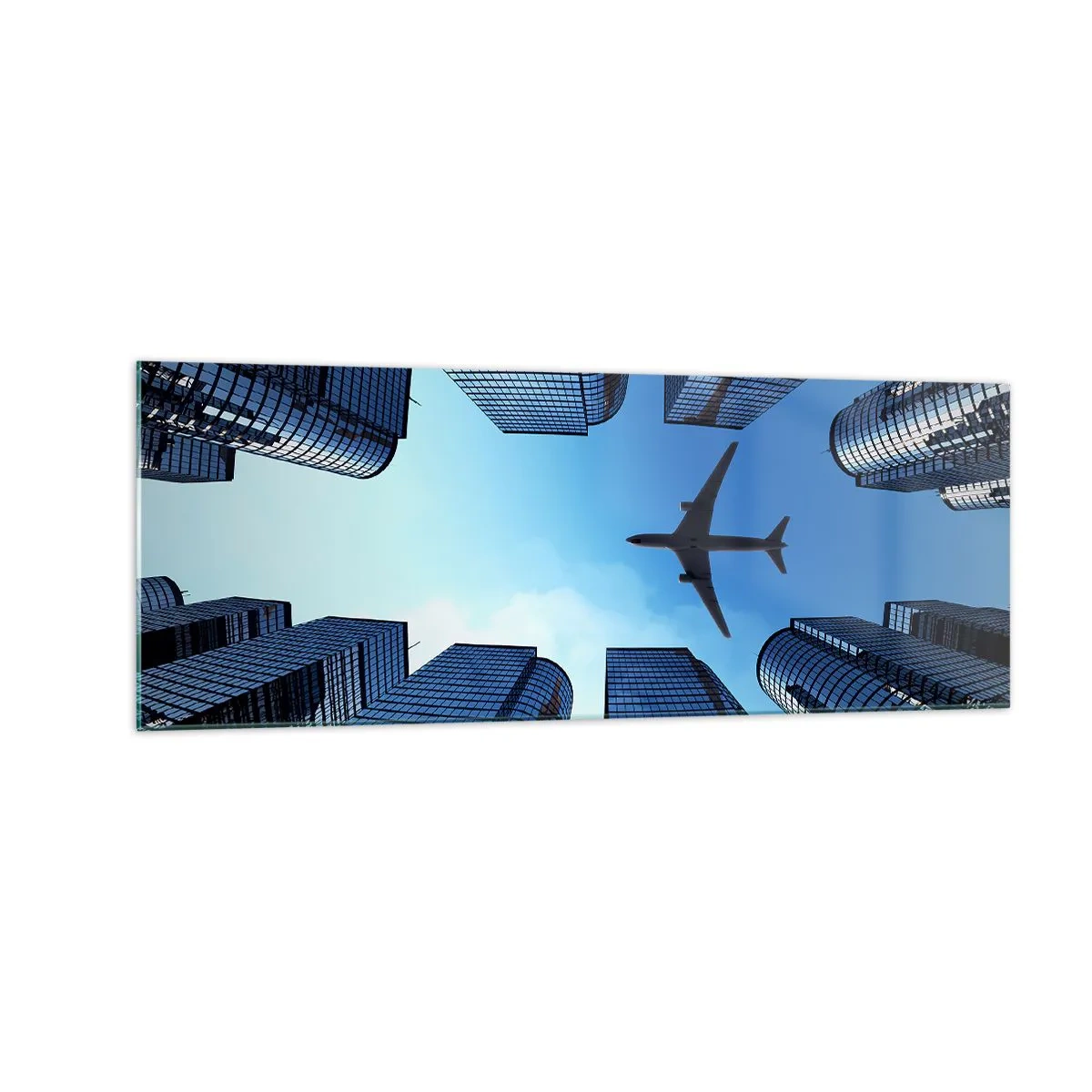 Impression sur verre - Image sur verre - Un avion survolant des gratte-ciels modernes dans le centre-ville. - 140x50cm - La vue depuis le ravin de verre - Décoration murale moderne pour le salon et la chambre ARTTOR