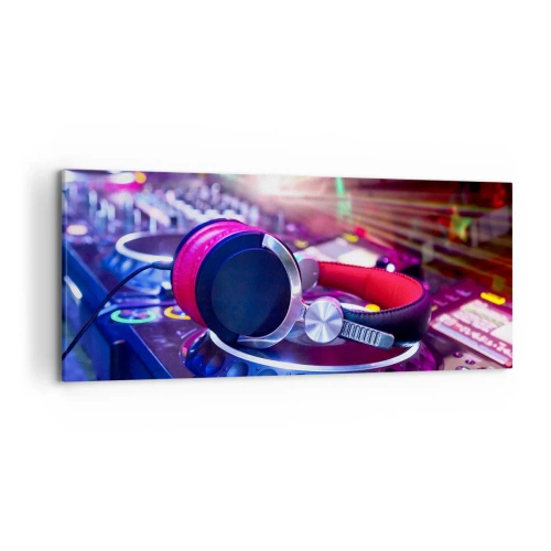 Impression sur toile - Image sur toile - Casque DJ sur une console éclairée par des projecteurs lors d'une fête - 120x50cm - Il va s'en passer des choses - Décoration murale moderne pour le salon et la chambre ARTTOR
