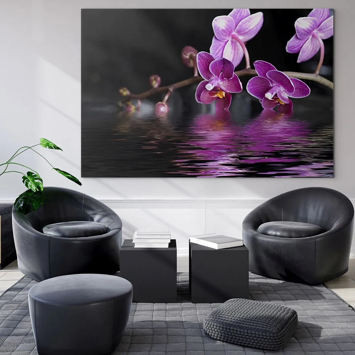 Impression sur verre - Image sur verre - Orchidées violettes se reflétant dans l'eau - 70x50cm - Reflet lilas de la beauté - Décoration murale moderne pour le salon et la chambre ARTTOR