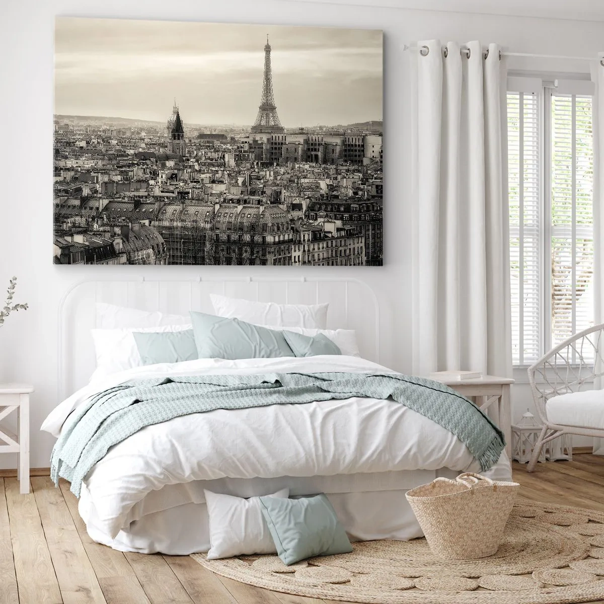 Impression sur toile - Image sur toile - Panorama de Paris avec la Tour Eiffel en tons sépia - 70x50cm - Sur les toits de Paris - Décoration murale moderne pour le salon et la chambre ARTTOR