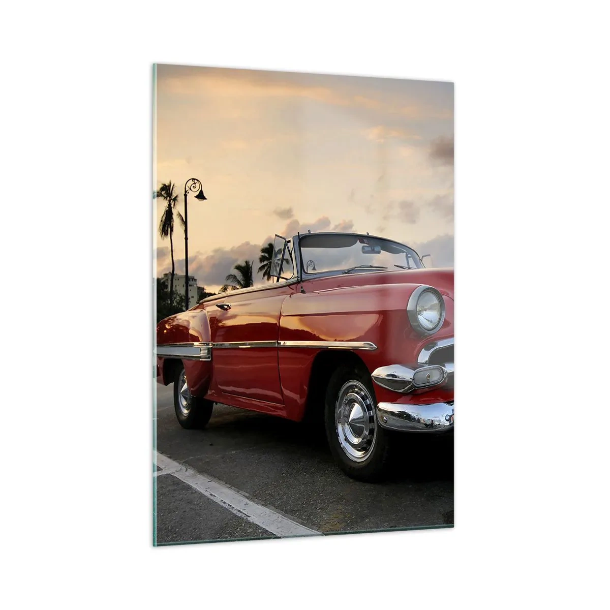 Impression sur verre - Image sur verre - Un cabriolet classique rouge sur fond de coucher de soleil - 50x70cm - La chaleur rouge des tropiques - Décoration murale moderne pour le salon et la chambre ARTTOR