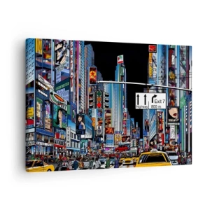 Impression sur toile - Image sur toile - Une ville animée avec des publicités colorées et des taxis jaunes - 70x50cm - Grande nuit de bande dessinée - Décoration murale moderne pour le salon et la chambre ARTTOR
