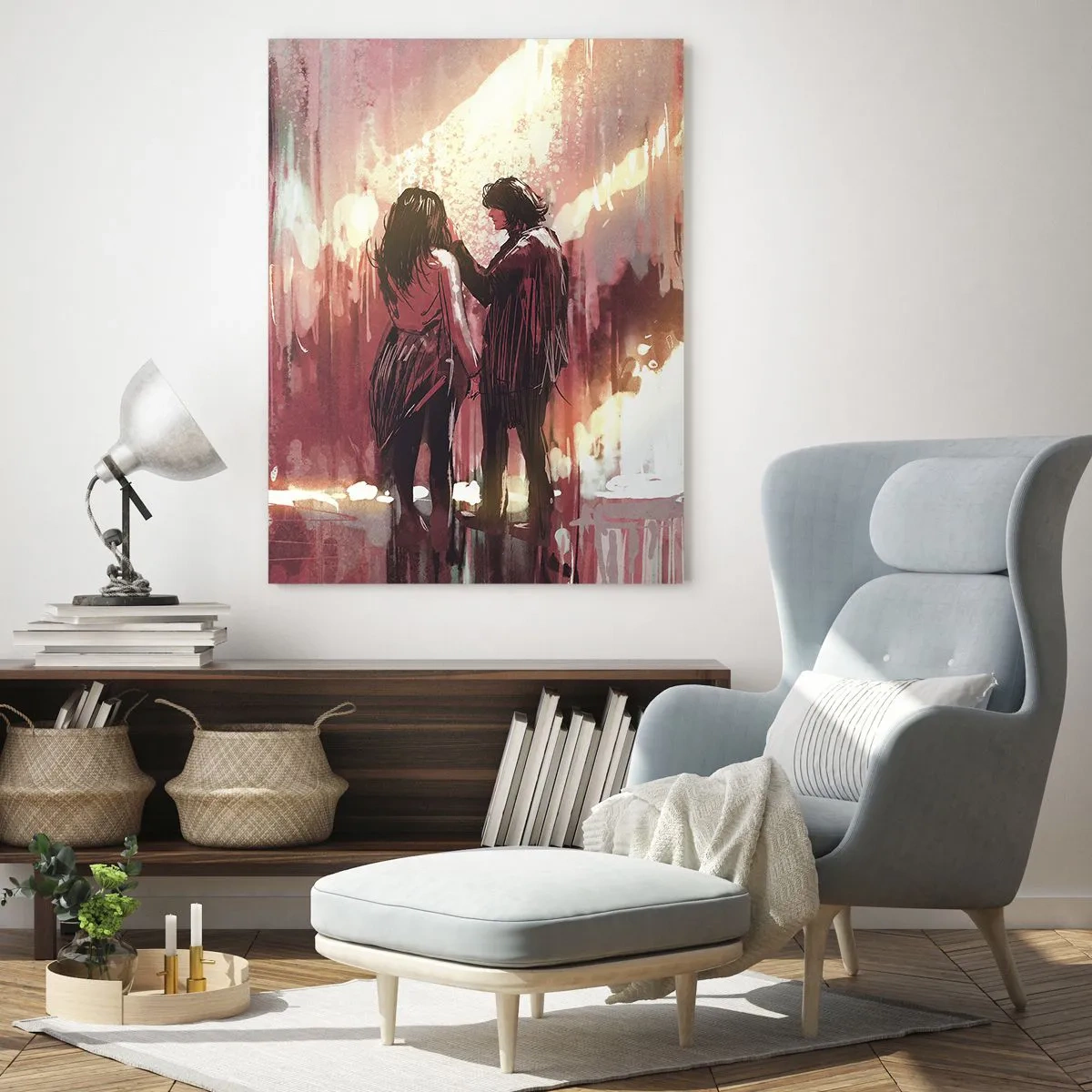 Impression sur verre - Image sur verre - Un couple dans la lumière chaleureuse d'un décor abstrait - 50x70cm - L'éternel spectacle de l'amour - Décoration murale moderne pour le salon et la chambre ARTTOR