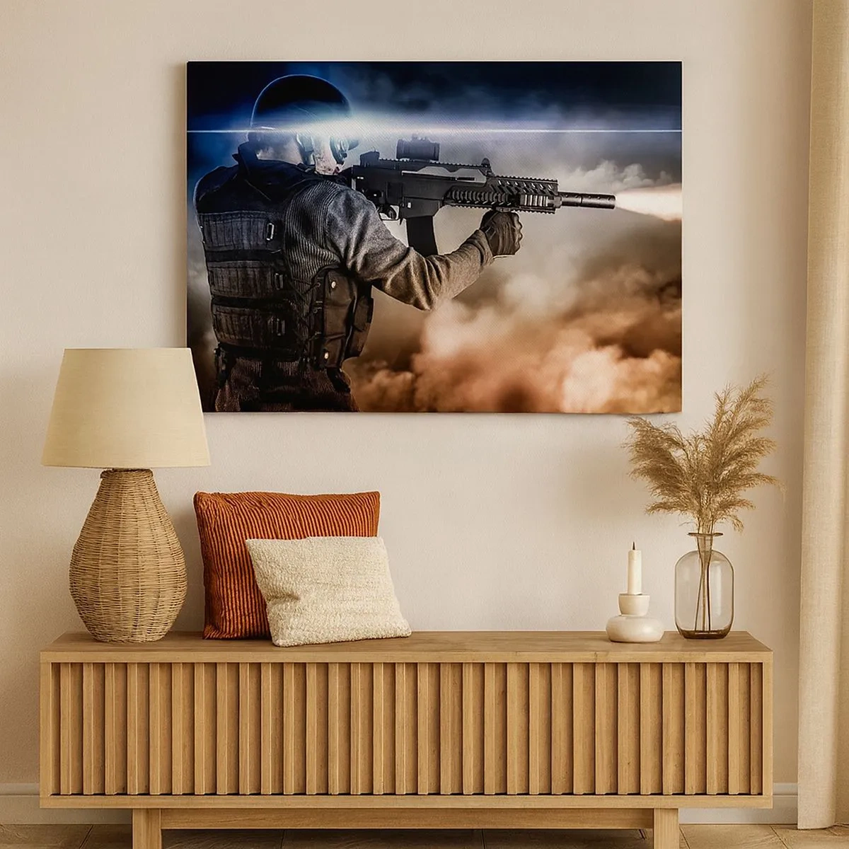 Impression sur toile - Image sur toile - Un soldat en action avec un fusil sur fond de nuages et de lumière. - 70x50cm - Tout simplement un héros - Décoration murale moderne pour le salon et la chambre ARTTOR