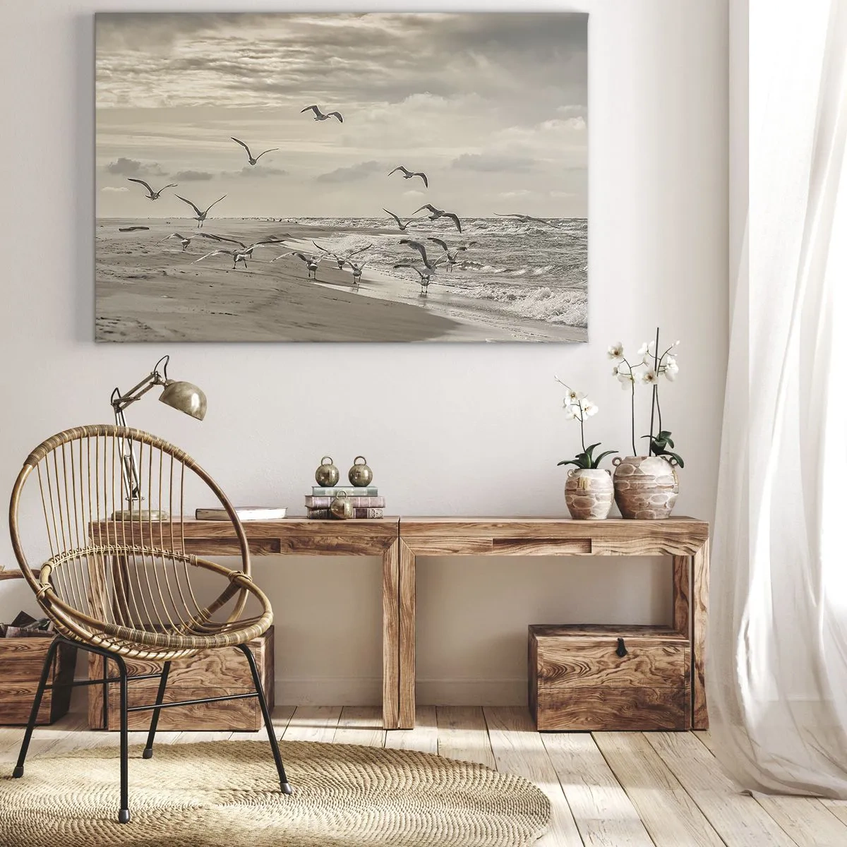 Impression sur toile - Image sur toile - Une mouette en vol au-dessus d'un paysage balnéaire - 120x80cm - Le bruit de la mer, le chant des oiseaux - Décoration murale moderne pour le salon et la chambre ARTTOR