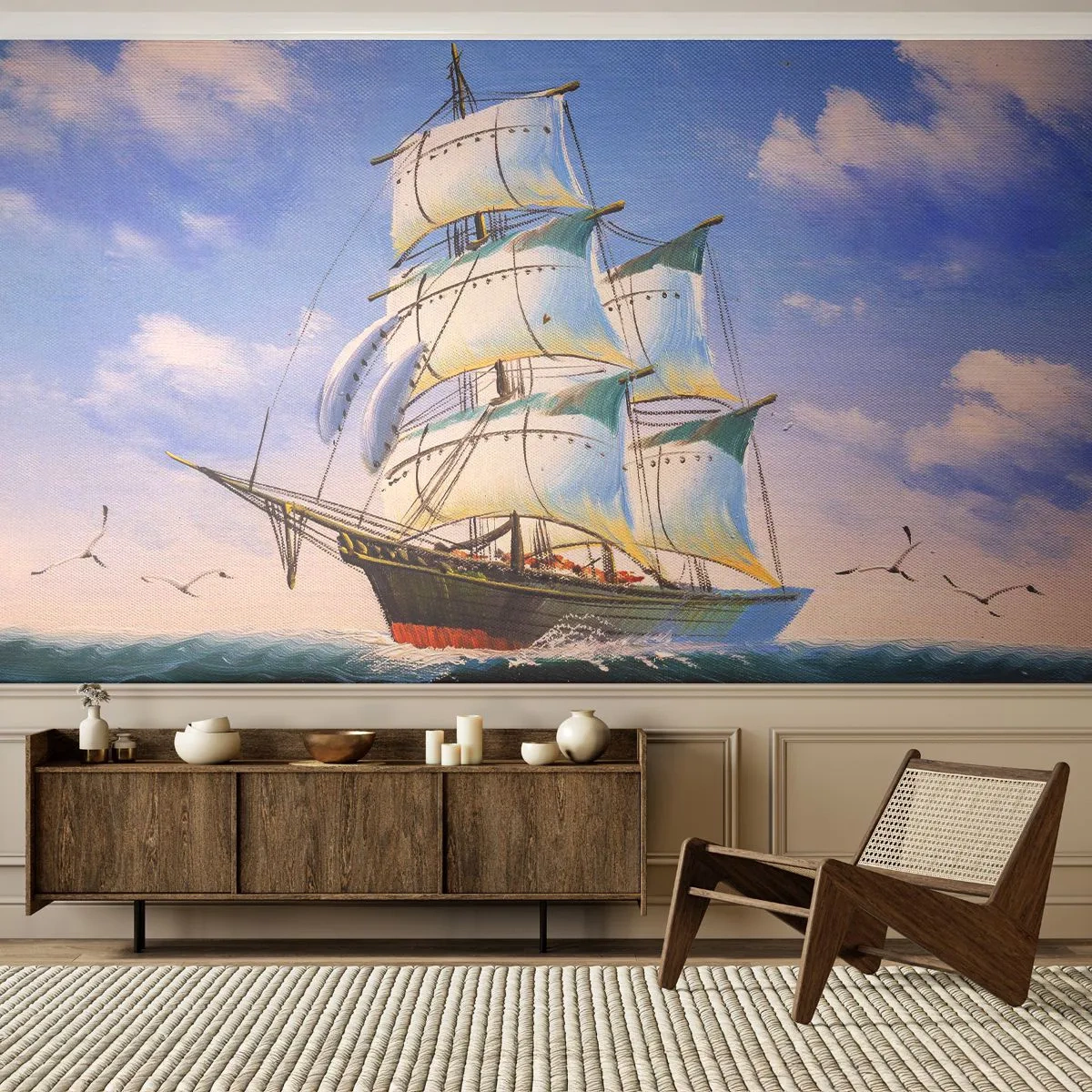 Papier Peint Photo Premium Sand - Un voilier en haute mer sous des voiles blanches - 100x70cm - Fièrement avec le vent - Décoration murale moderne pour le salon et la chambre ARTTOR