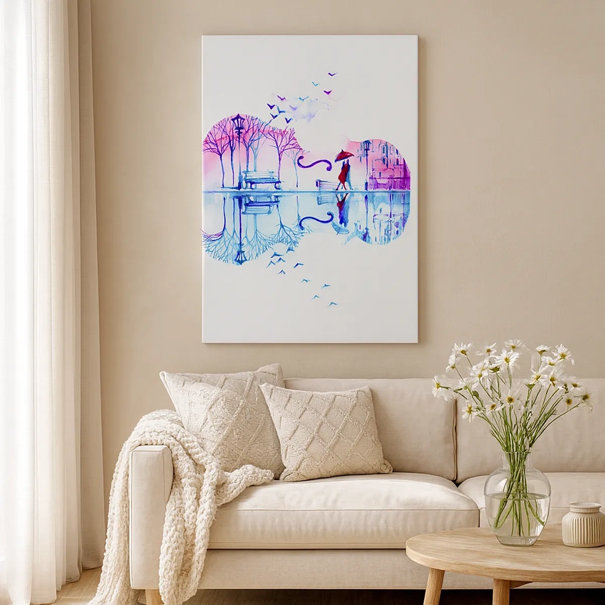 Impression sur toile - Image sur toile - Silhouette de ville en forme de violon aux couleurs aquarelles - 50x70cm - Je vous apporterai de cantiques de pluie - Décoration murale moderne pour le salon et la chambre ARTTOR