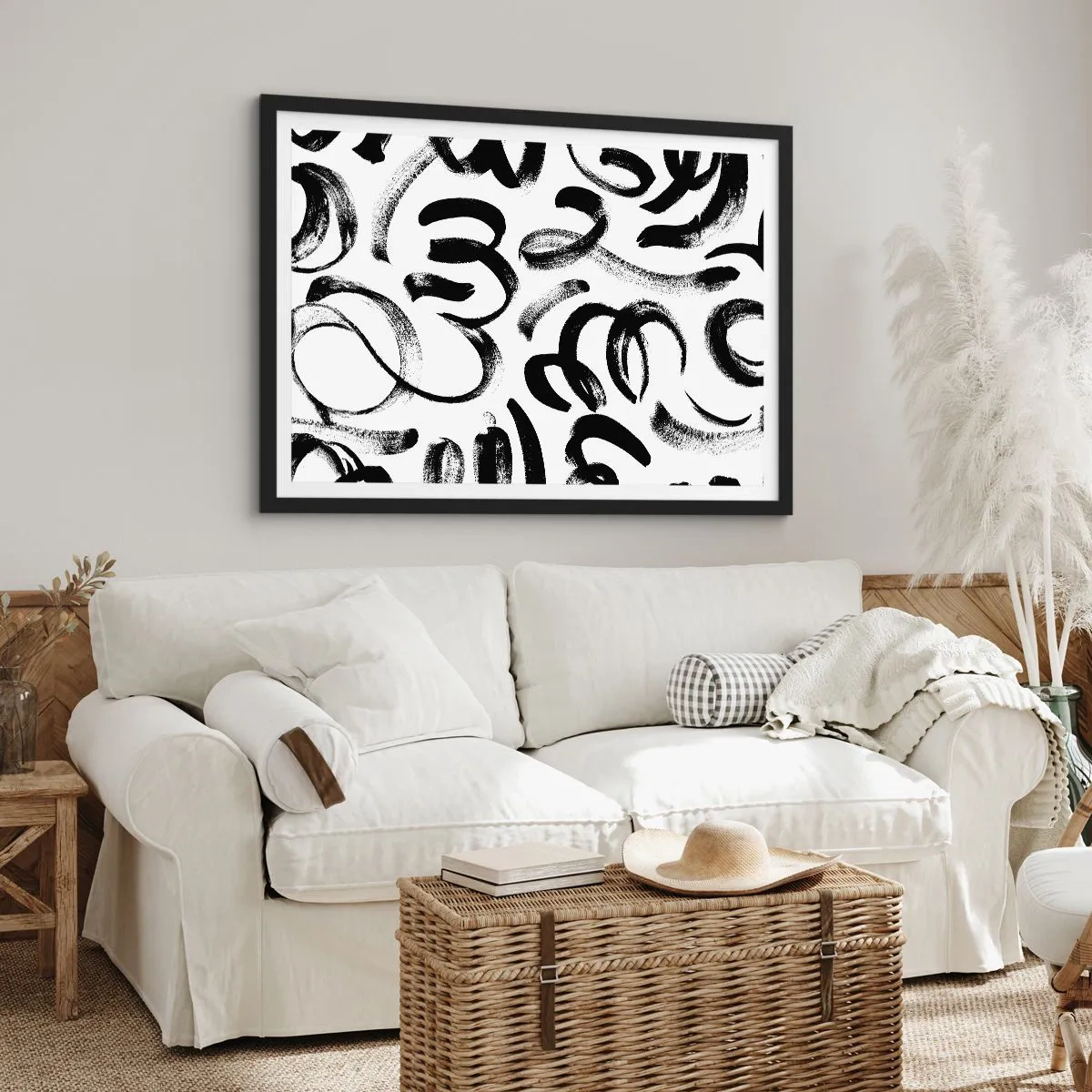 Affiche dans un cadre noir - Poster - Coups de pinceau abstraits noirs sur fond blanc - 70x50cm - Noir sur blanc - Décoration murale moderne pour le salon et la chambre ARTTOR