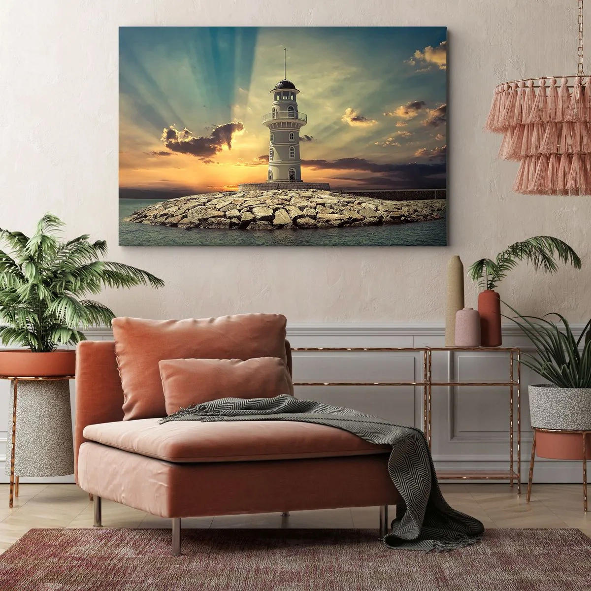 Impression sur toile - Image sur toile - Un phare au coucher du soleil contre le ciel - 100x70cm - Lumière - Bonté - Beauté - Décoration murale moderne pour le salon et la chambre ARTTOR