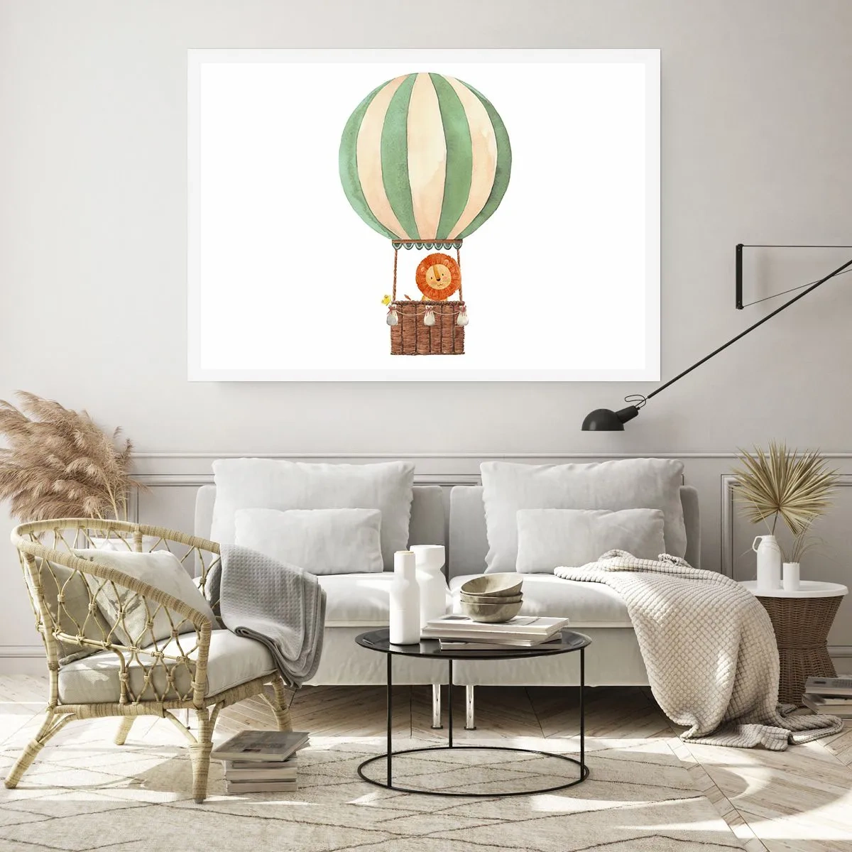 Affiche - Poster - Un ballon avec un lion souriant dans un panier aux couleurs pastel - 100x70cm - Les voyages de Léon - Décoration murale moderne pour le salon et la chambre ARTTOR