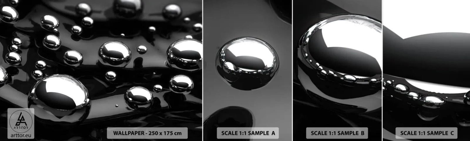 Échantillon de Papier Peint Autocollant Deluxe Sticker - D'un ton noir - Abstraction, Boules chromées, 3D - 100x30 cm