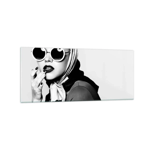 Impression sur verre - Image sur verre - Portrait en noir et blanc d'une femme portant des lunettes et un foulard - 120x50cm - Salutations des années 60 - Décoration murale moderne pour le salon et la chambre ARTTOR