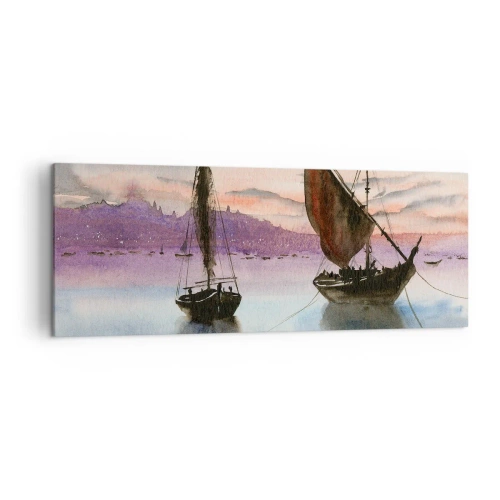 Impression sur toile - Image sur toile - Deux voiliers amarrés sur une eau calme au crépuscule - 140x50cm - Soirée au port - Décoration murale moderne pour le salon et la chambre ARTTOR