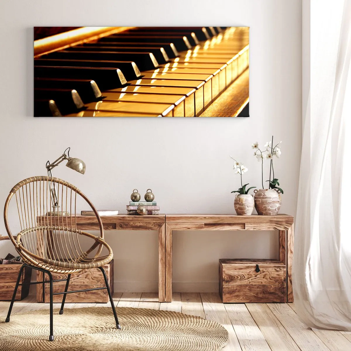 Impression sur toile - Image sur toile - Clavier de piano sous un éclairage doré - 160x50cm - Des possibilités infinies - Décoration murale moderne pour le salon et la chambre ARTTOR
