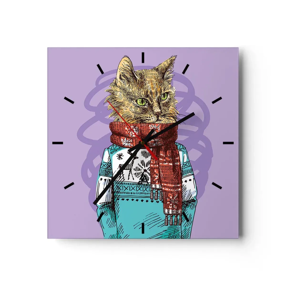 Horloge murale - Pendule murale - Un chat en pull et écharpe sur fond violet - 30x30cm - Le chat, pas uniquement dans les chaussures - Décoration murale moderne pour le salon et la chambre ARTTOR