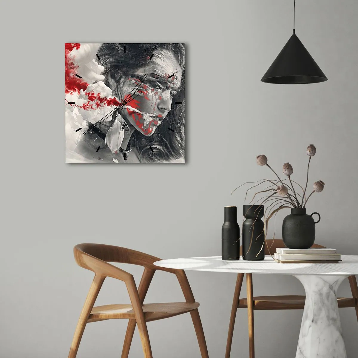 Horloge murale - Pendule murale - Portrait artistique d'une femme aux accents rouges abstraits - 30x30cm - Dans les fumées de l'absurde - Décoration murale moderne pour le salon et la chambre ARTTOR