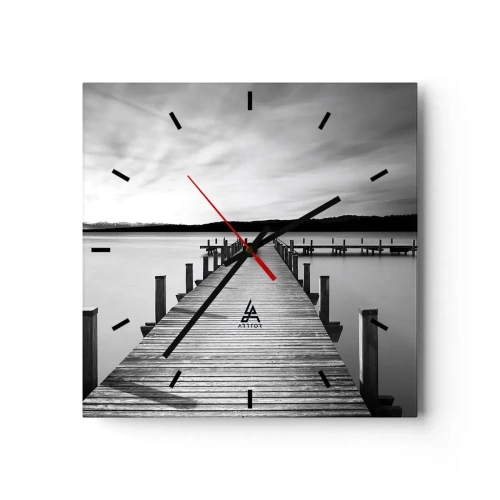 Horloge murale - Pendule murale - Une jetée noire et blanche sur un lac calme - 30x30cm - Au point d'eau - la paix - Décoration murale moderne pour le salon et la chambre ARTTOR