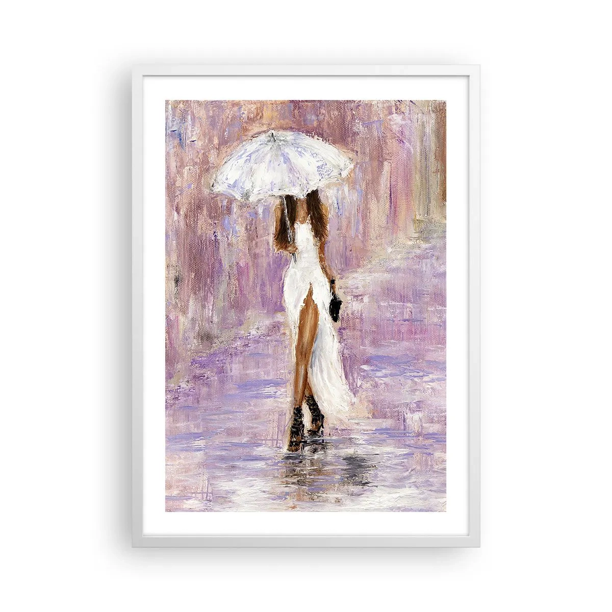 Affiche dans un cadre blanc - Poster - Sous la pluie lilas - 50x70 cm
