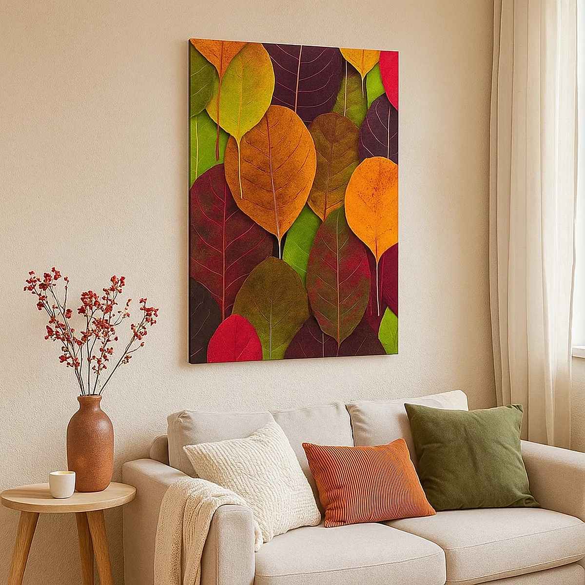 Impression sur toile - Image sur toile - Feuilles colorées disposées selon un motif d'automne - 50x70cm - Mozaique printannière - Décoration murale moderne pour le salon et la chambre ARTTOR