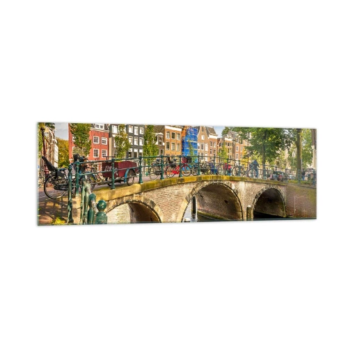 Impression sur verre - Image sur verre - Un canal pittoresque avec un pont à Amsterdam - 160x50cm - Le printemps sur le canal - Décoration murale moderne pour le salon et la chambre ARTTOR