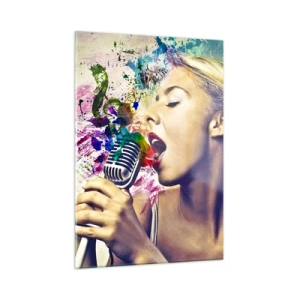 Impression sur verre - Image sur verre - Une composition colorée d'une femme chantant dans un microphone. - 50x70cm - Peindre le monde avec sa voix - Décoration murale moderne pour le salon et la chambre ARTTOR
