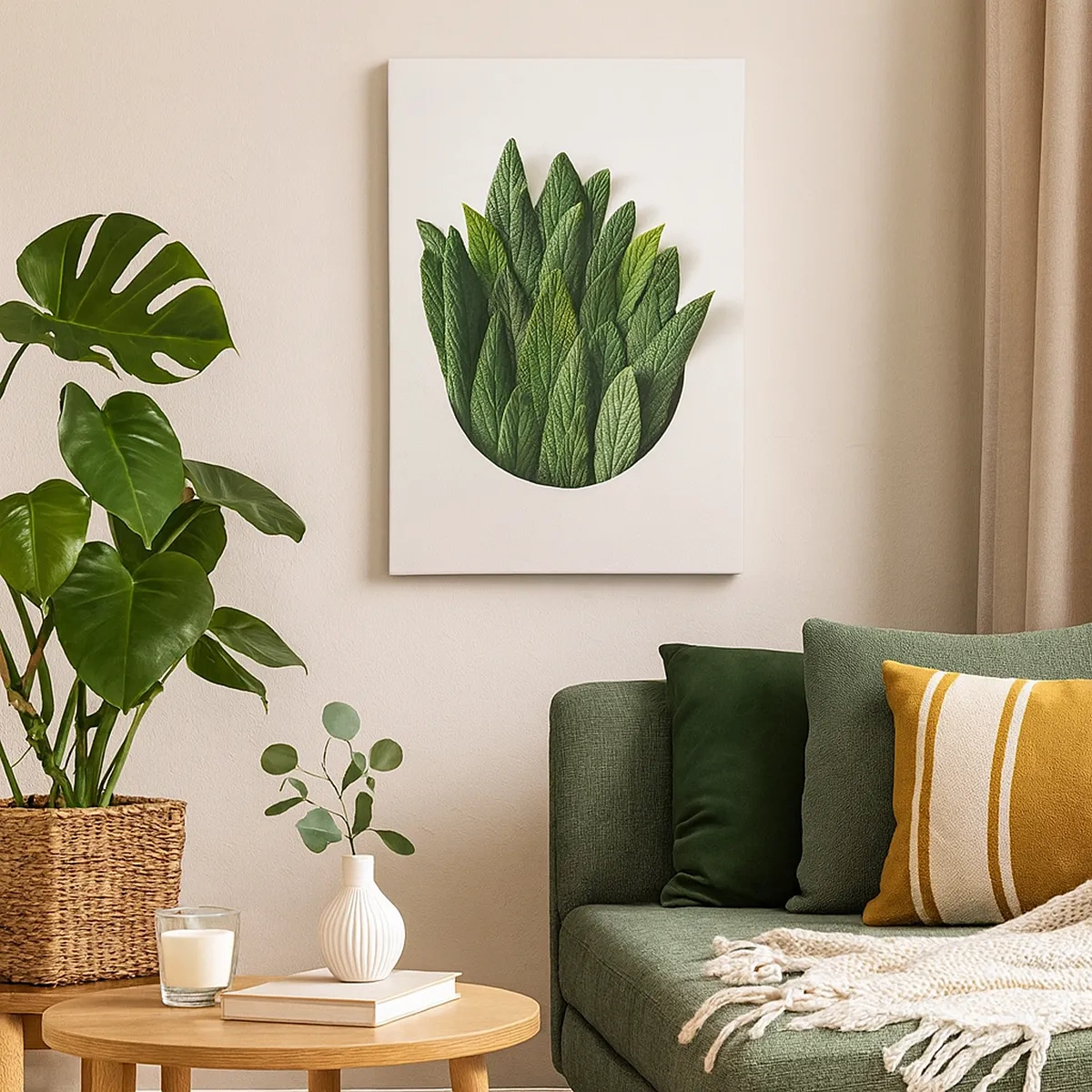 Impression sur toile - Image sur toile - Une composition de feuilles vertes sur un fond clair - 50x70cm - Curiosité sans retenue - Décoration murale moderne pour le salon et la chambre ARTTOR