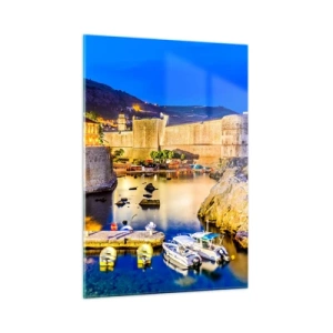 Impression sur verre - Image sur verre - Panorama nocturne de Dubrovnik avec bateaux et remparts de la ville - 50x70cm - Nuit illuminée sur l'Adriatique - Décoration murale moderne pour le salon et la chambre ARTTOR