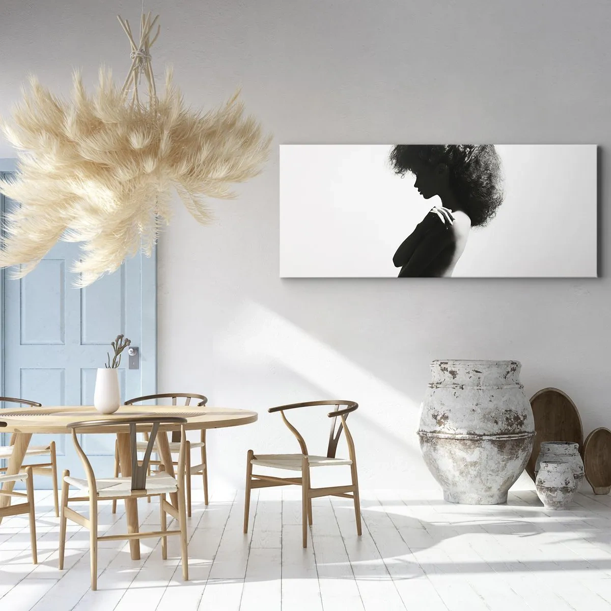 Impression sur toile - Image sur toile - Une silhouette subtile d'une femme dans des tons noirs et blancs sur un fond clair - 120x50cm - Comme une fleur au bout d'une fine tige - Décoration murale moderne pour le salon et la chambre ARTTOR
