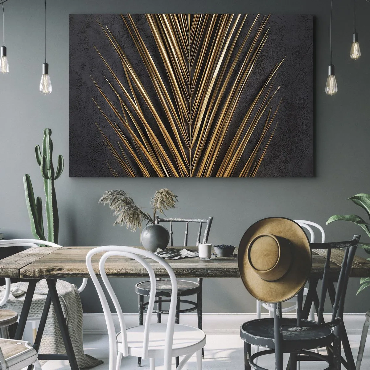 Impression sur toile - Image sur toile - Feuille tropicale dorée sur fond noir - 120x80cm - L'or des tropiques - Décoration murale moderne pour le salon et la chambre ARTTOR