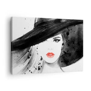 Impression sur toile - Image sur toile - Portrait d'une femme au chapeau et aux lèvres rouges - 70x50cm - Dame en noir - Décoration murale moderne pour le salon et la chambre ARTTOR