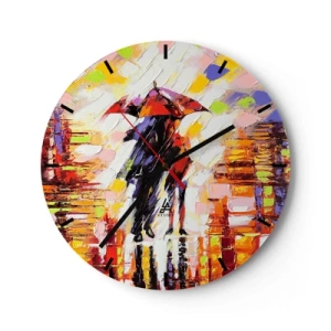 Horloge murale - Pendule murale - Un couple sous un parapluie rouge sur un fond coloré et pictural - 30x30cm - Ensemble à travers la nuit et la pluie - Décoration murale moderne pour le salon, la cuisine et la chambre ARTTOR