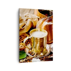 Impression sur toile - Image sur toile - Une tasse de café dorée entourée de grains, de cruches et de croissants - 70x100cm - Bonne journée! - Décoration murale moderne pour le salon et la chambre ARTTOR