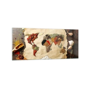 Impression sur verre - Image sur verre - Une carte du monde faite d'épices sur un fond en bois. - 120x50cm - Toutes les saveurs du monde - Décoration murale moderne pour le salon et la chambre ARTTOR
