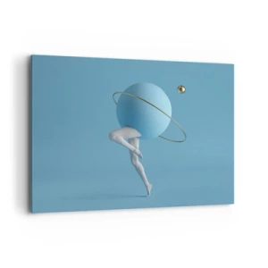 Impression sur toile - Image sur toile - Une sphère bleue avec une orbite et des jambes humaines contre le ciel - 100x70cm - Et les planètes deviennent folles - Décoration murale moderne pour le salon et la chambre ARTTOR