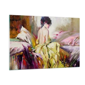 Impression sur verre - Image sur verre - Une femme en robe jaune assise sur un lit dans un style impressionniste. - 120x80cm - Entre les lèvres et le bord de la tasse - Décoration murale moderne pour le salon et la chambre ARTTOR